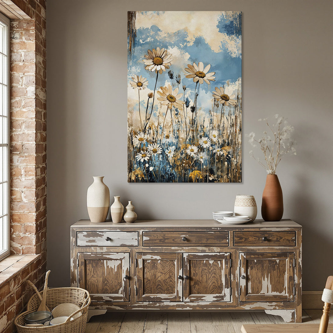 Framed Wall Art: Daisy field painting in blue, white, and gold. Perfect floral art for your dining room. Add a touch of nature's beauty!