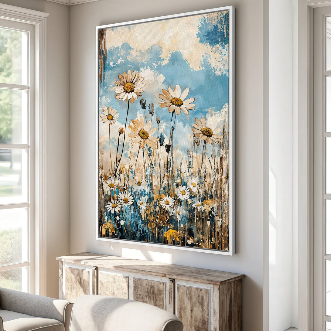 Framed Wall Art featuring daisy field in impressionist style. Blue, beige, and brown color palette. Perfect for adding a touch of nature to your home decor.