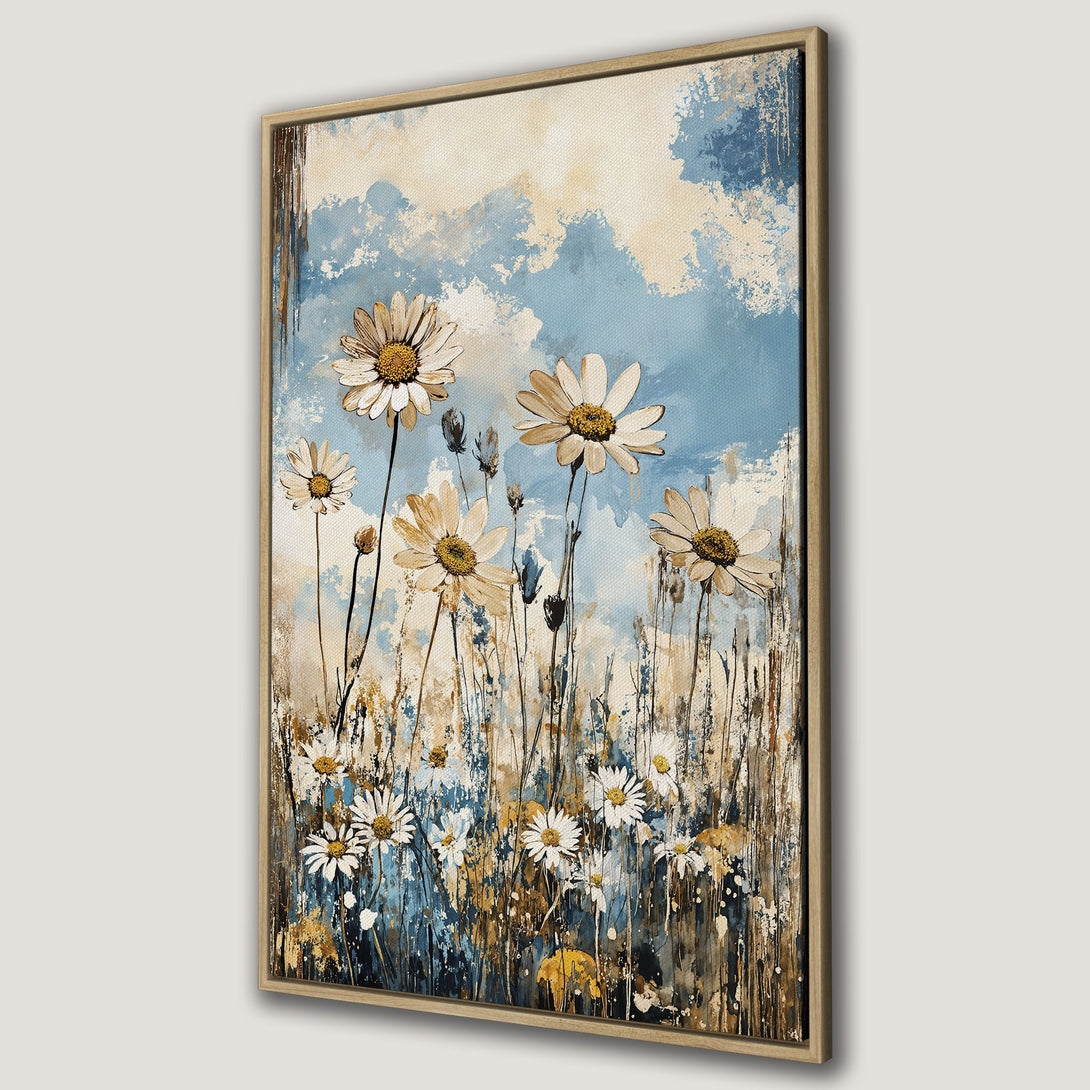 Canvas Print of daisy field art with blue, beige, and brown tones. Perfect floral wall decor for a calming and stylish interior.