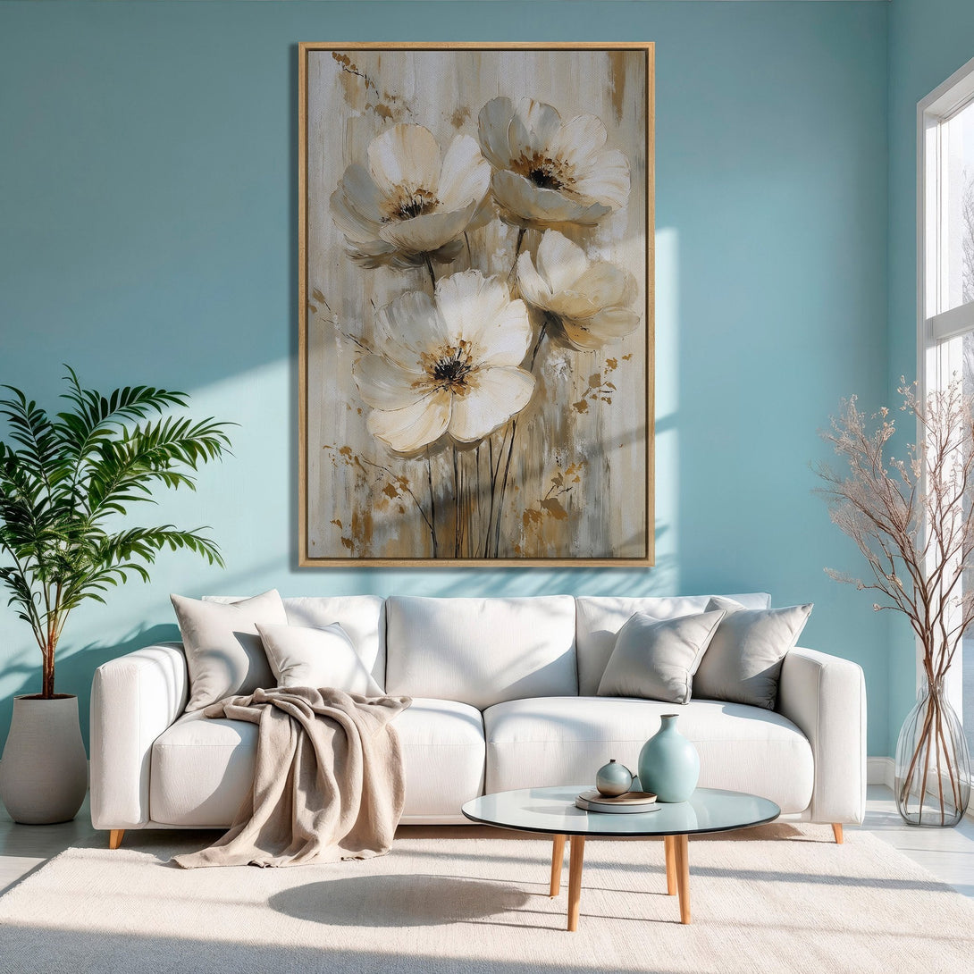 Framed Wall Art: Large floral canvas print in neutral tones, adding a touch of elegance to a modern living room with a calming blue color palette.