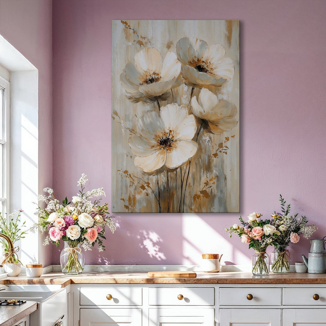 Framed Wall Art: Elegant floral canvas print in a neutral color palette. Adds a touch of sophistication to any living room. Shop now for modern home decor!