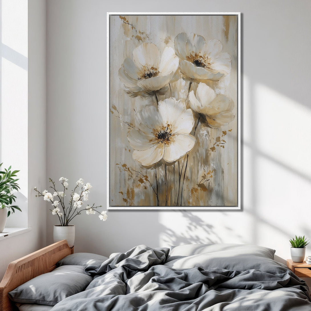 Framed Wall Art featuring abstract floral art in neutral tones. Perfect bedroom decor with a serene, calming aesthetic.