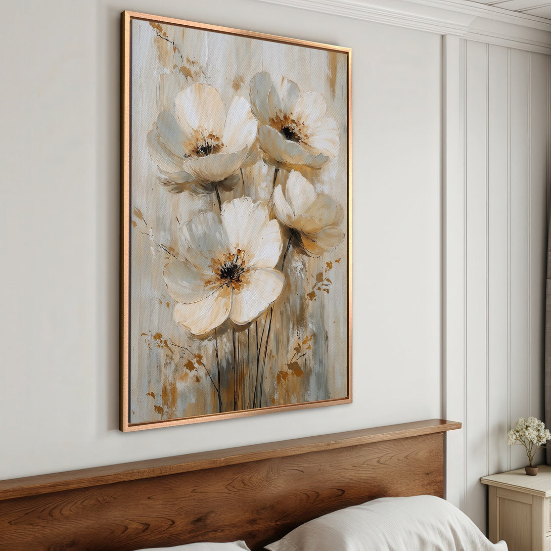 Framed Wall Art featuring elegant white floral painting in neutral tones. Perfect for adding a touch of sophistication to any bedroom or living space.