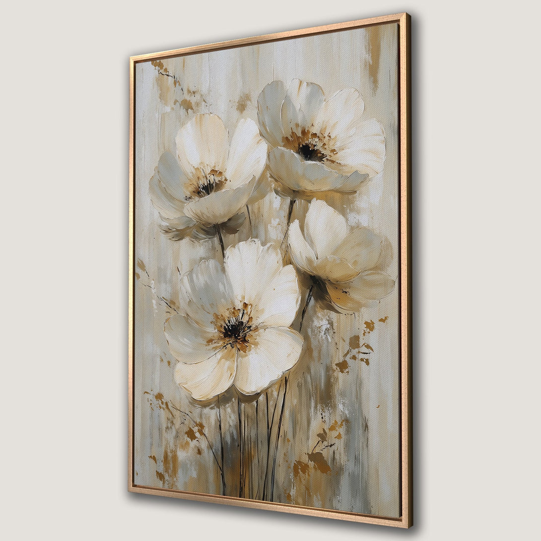 Framed Wall Art featuring abstract white floral painting with gold accents. Neutral color palette perfect for modern home decor. Shop Canvas Prints now!