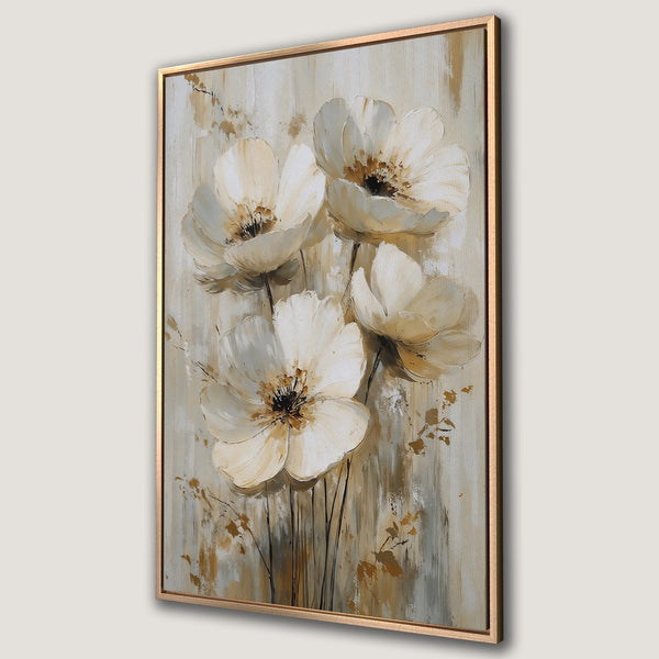 Framed Wall Art featuring abstract white floral painting with gold accents. Neutral color palette perfect for modern home decor. Shop Canvas Prints now!