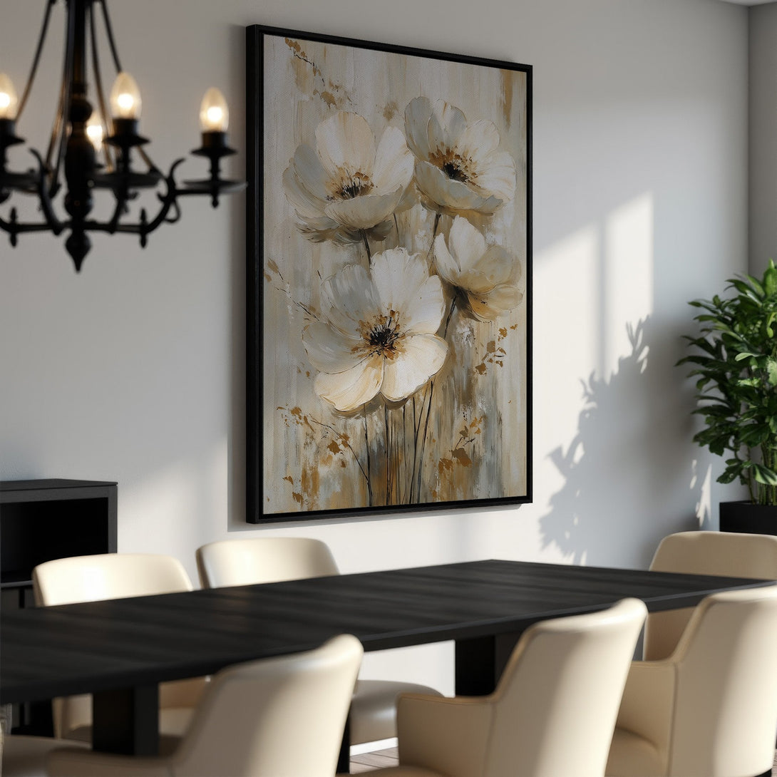Framed Wall Art featuring elegant floral painting in neutral tones. Perfect for adding a touch of sophistication to your dining room decor. Shop now!