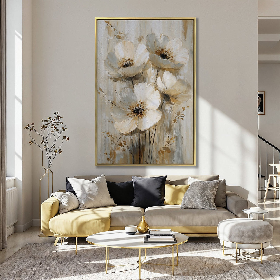 Canvas Print of elegant white floral art in a neutral, warm color palette. Perfect for adding a touch of sophistication to any room.