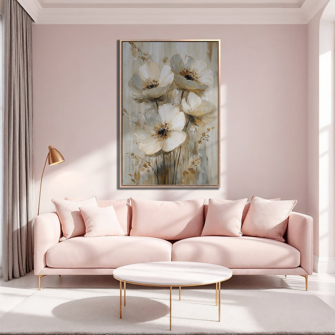 Framed Wall Art featuring elegant white floral painting in a soft, neutral color palette. Perfect for adding a touch of modern art to your home decor.