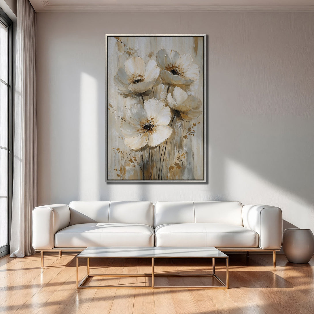 Framed Wall Art featuring elegant white flower painting in a neutral color palette. Perfect for modern home decor. Shop now!