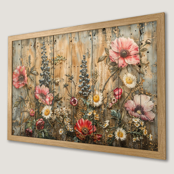 Framed Poster featuring vibrant floral art on distressed wood background. Rustic style with pink, white, and blue tones. Perfect wall decor.