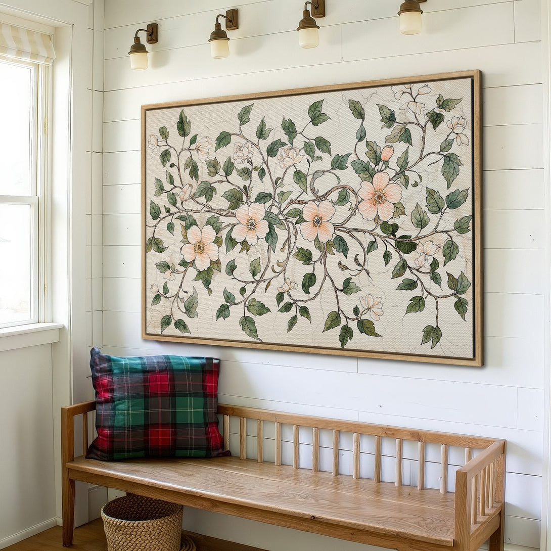 Framed Wall Art featuring a floral botanical print in soft pink and green hues. Adds a touch of elegance to any interior. Shop now for stylish home decor!