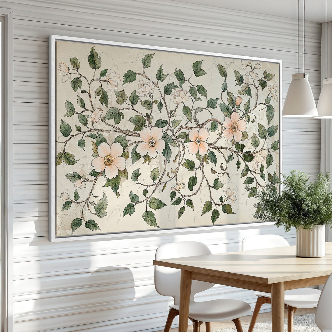 Framed Wall Art featuring a floral watercolor design in soft pinks and greens. Adds a touch of elegance to any dining room.