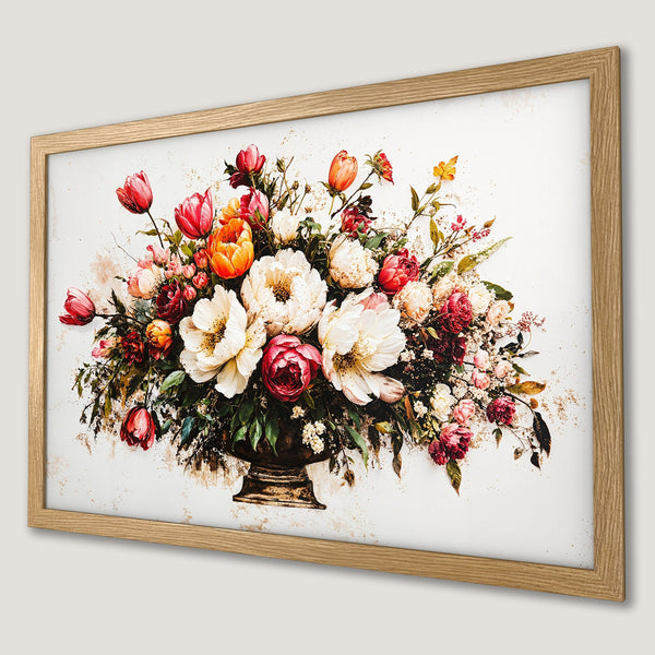 Framed Poster: Floral art print with vibrant blooms in red, orange, and white against a neutral background.