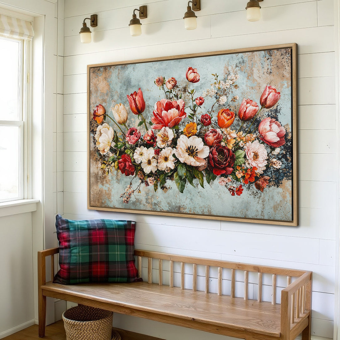 Framed Wall Art featuring a vibrant floral arrangement in a farmhouse style. Showcases a colorful palette of reds, oranges, and blues. Perfect for home decor.