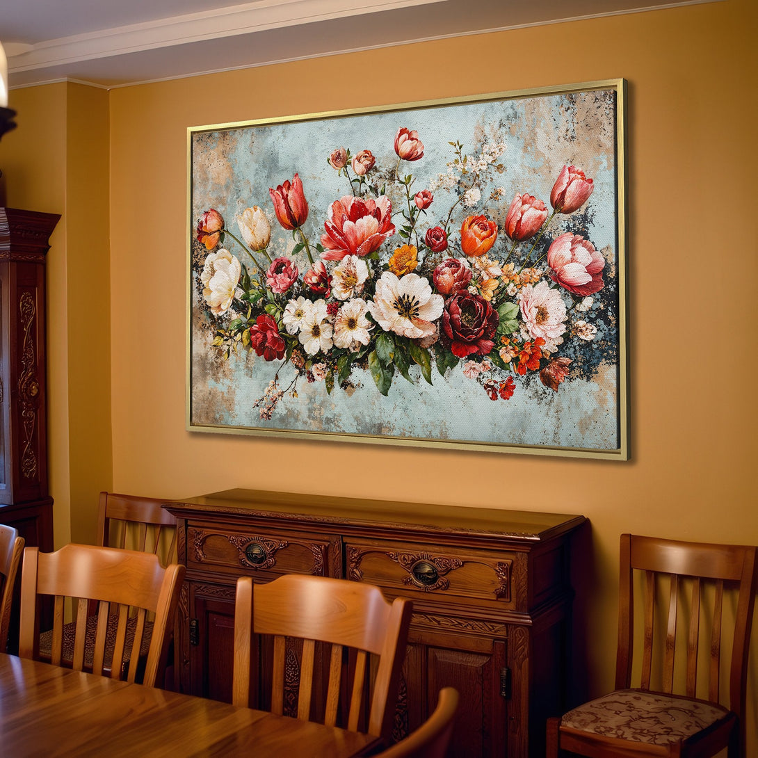Canvas Print of a floral arrangement in a vintage style, featuring warm reds, pinks, and whites. Perfect wall art for a cozy living room.