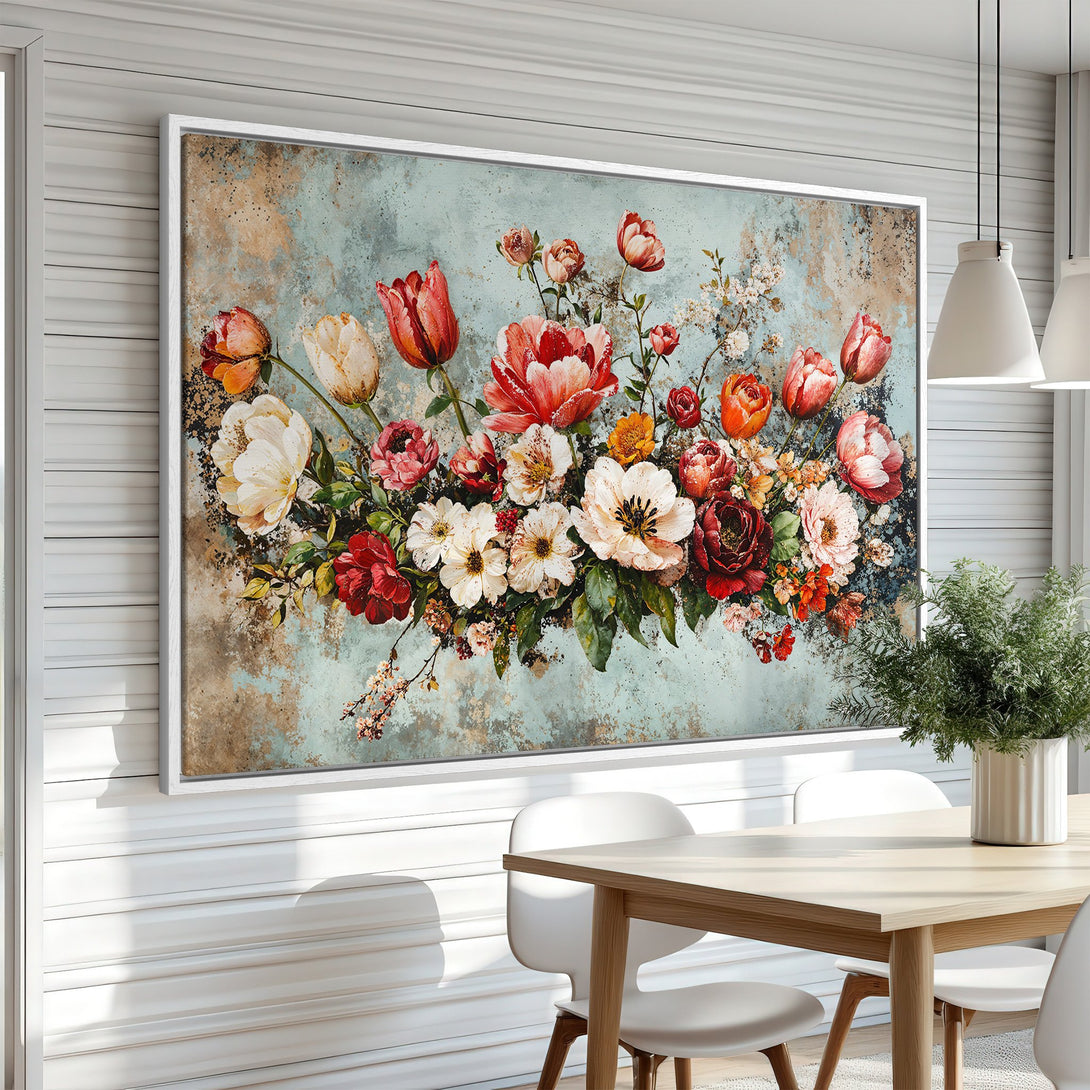 Framed Wall Art: Stunning floral Canvas Print with a vintage style, featuring vibrant red, orange, and white blooms on a teal background. Perfect for any room!