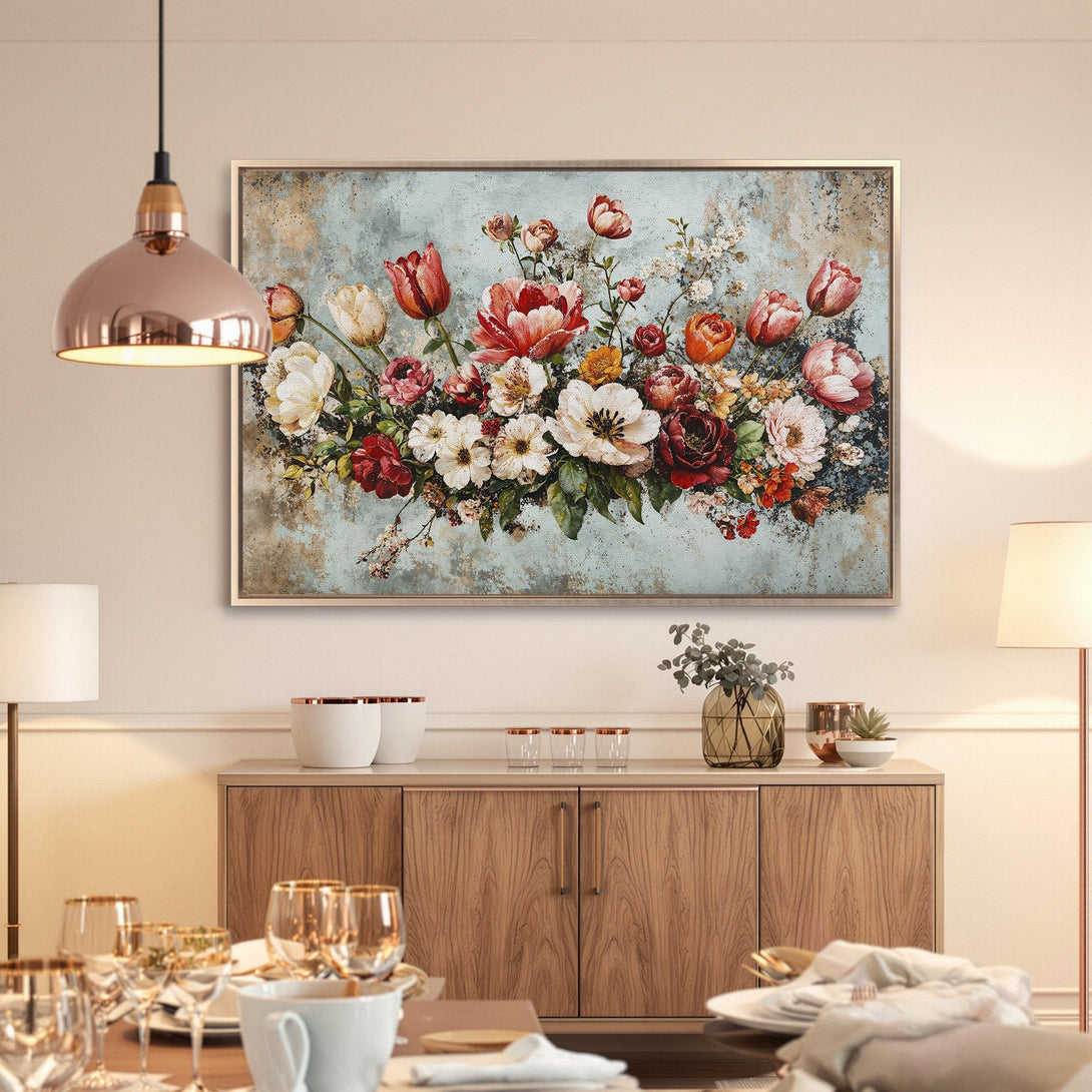 Framed Wall Art: Romantic floral Canvas Print with red, white, and orange blooms. Adds a touch of elegance to any dining room. Shop now!