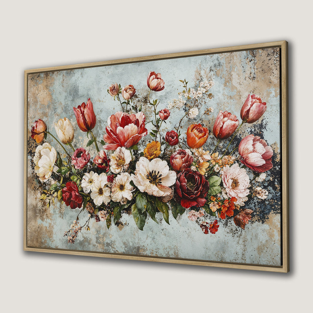 Framed Wall Art featuring a vintage floral arrangement in red, white, and orange hues against a textured blue background. Perfect home decor!