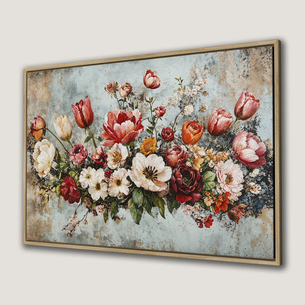 Framed Wall Art featuring a vintage floral arrangement in red, white, and orange hues against a textured blue background. Perfect home decor!
