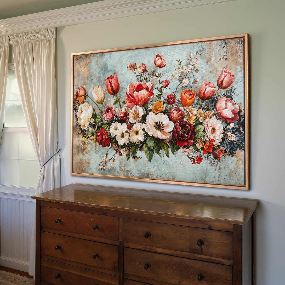 Framed Wall Art: Stunning floral canvas print in a vintage style with a blue, red, and gold color palette. Perfect for adding elegance to any room!