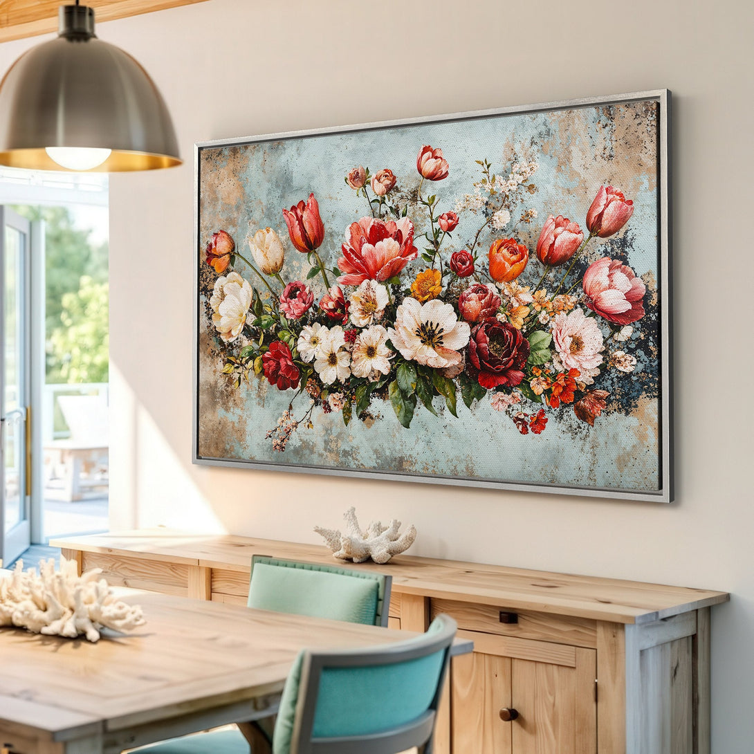 Framed Wall Art featuring a floral bouquet in a vintage style with a blue and red color palette, perfect for adding elegance to any interior.