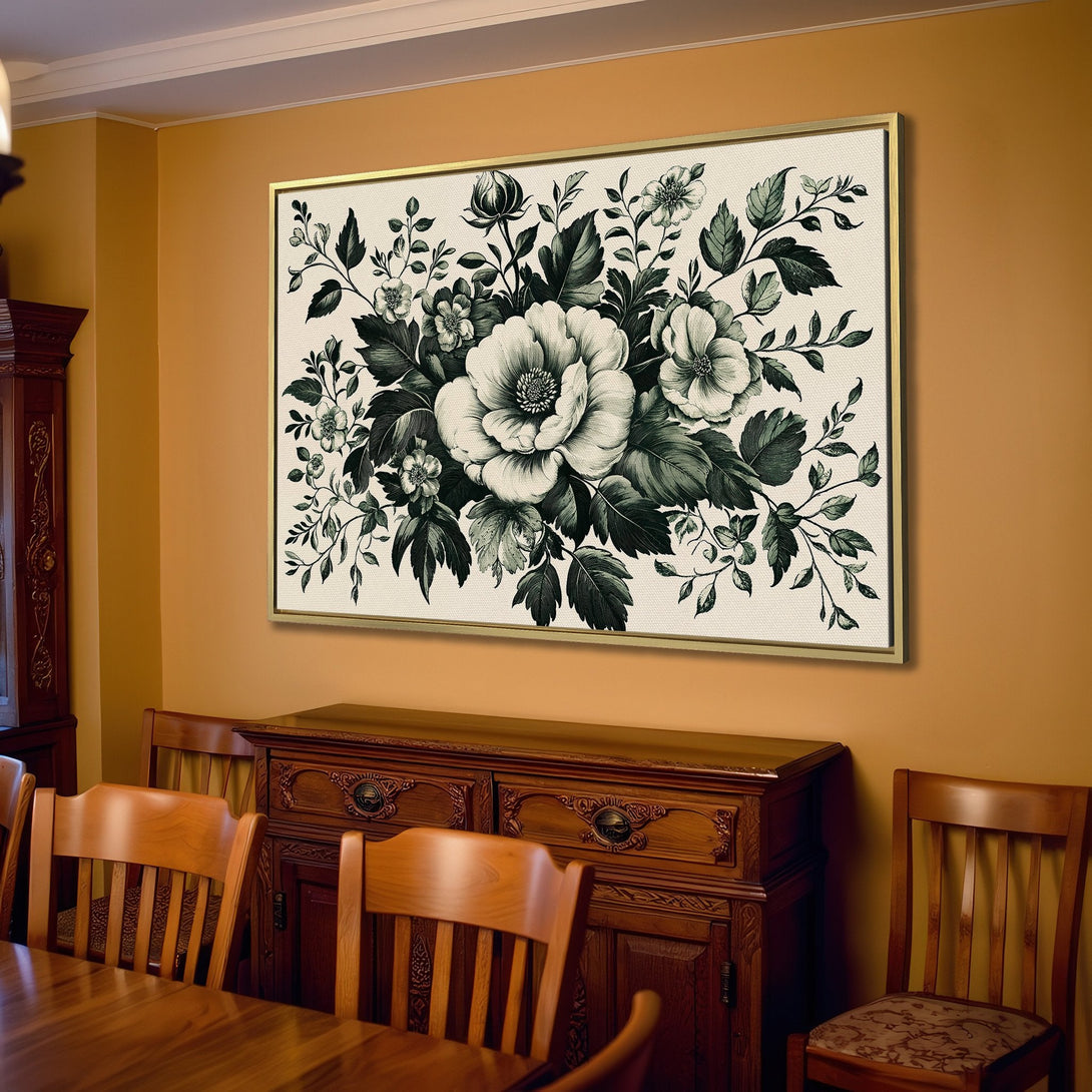 Canvas Print: Elegant floral art in grayscale, adding a touch of sophistication to any living room. Neutral tones for a calming, stylish interior.