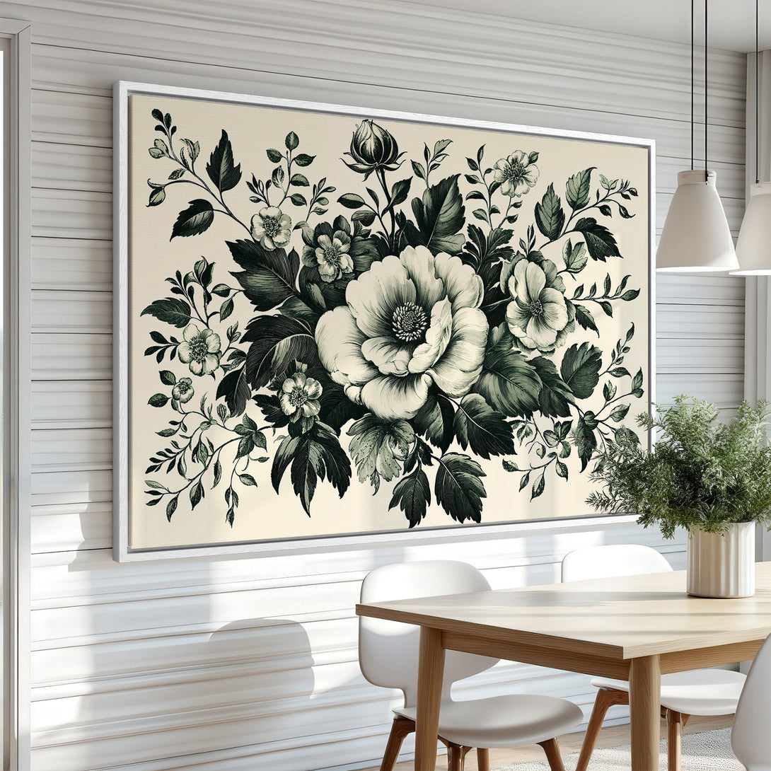 Framed Wall Art featuring a botanical illustration of flowers in a monochrome green and cream palette, perfect for adding elegance to any interior.