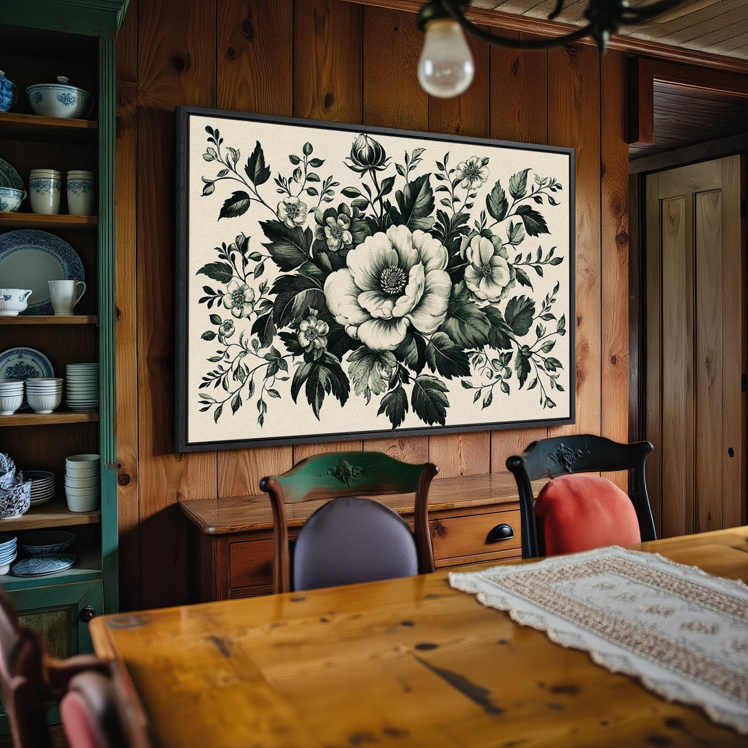 Framed Wall Art: Elegant floral Canvas Print in black and white, displayed in a rustic dining room. Perfect for adding a touch of classic style.