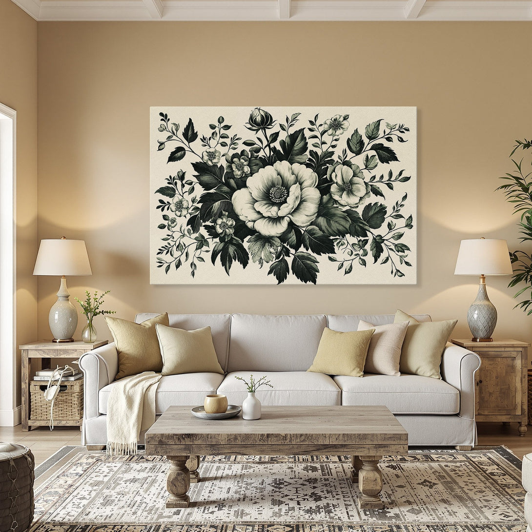 Framed Wall Art: Elegant floral Canvas Print in a classic style, featuring a monochromatic green and white palette, perfect for dining room decor.