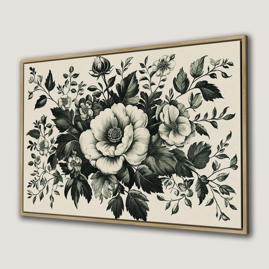 Framed Wall Art featuring a vintage floral bouquet in elegant black and white tones. Perfect for adding a touch of classic style to your home decor.