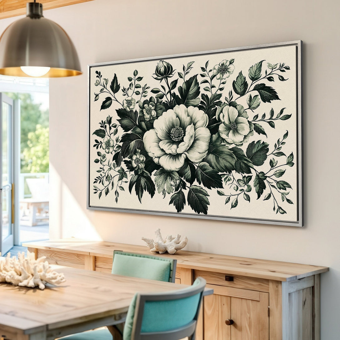 Framed Wall Art: Elegant floral canvas print in grayscale. Botanical illustration in a modern interior, perfect for adding a touch of nature to your home.