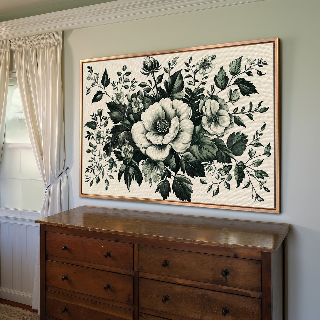 Framed Wall Art: Vintage floral Canvas Print in a neutral palette. Botanical illustration in green and cream tones, perfect for adding elegance to any room.