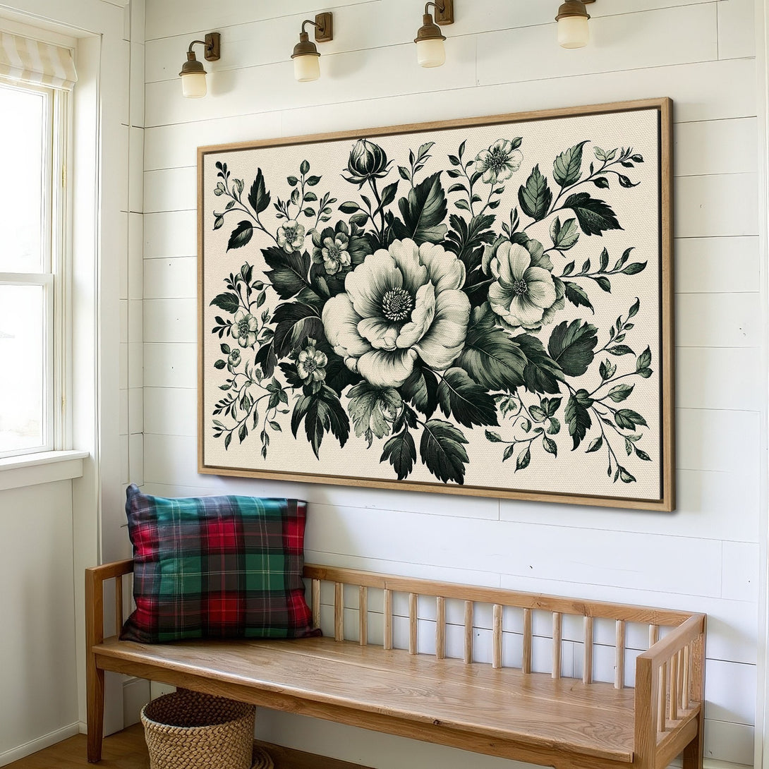 Framed Wall Art: Elegant floral Canvas Print in black and white, perfect for farmhouse decor. Adds a touch of vintage charm.