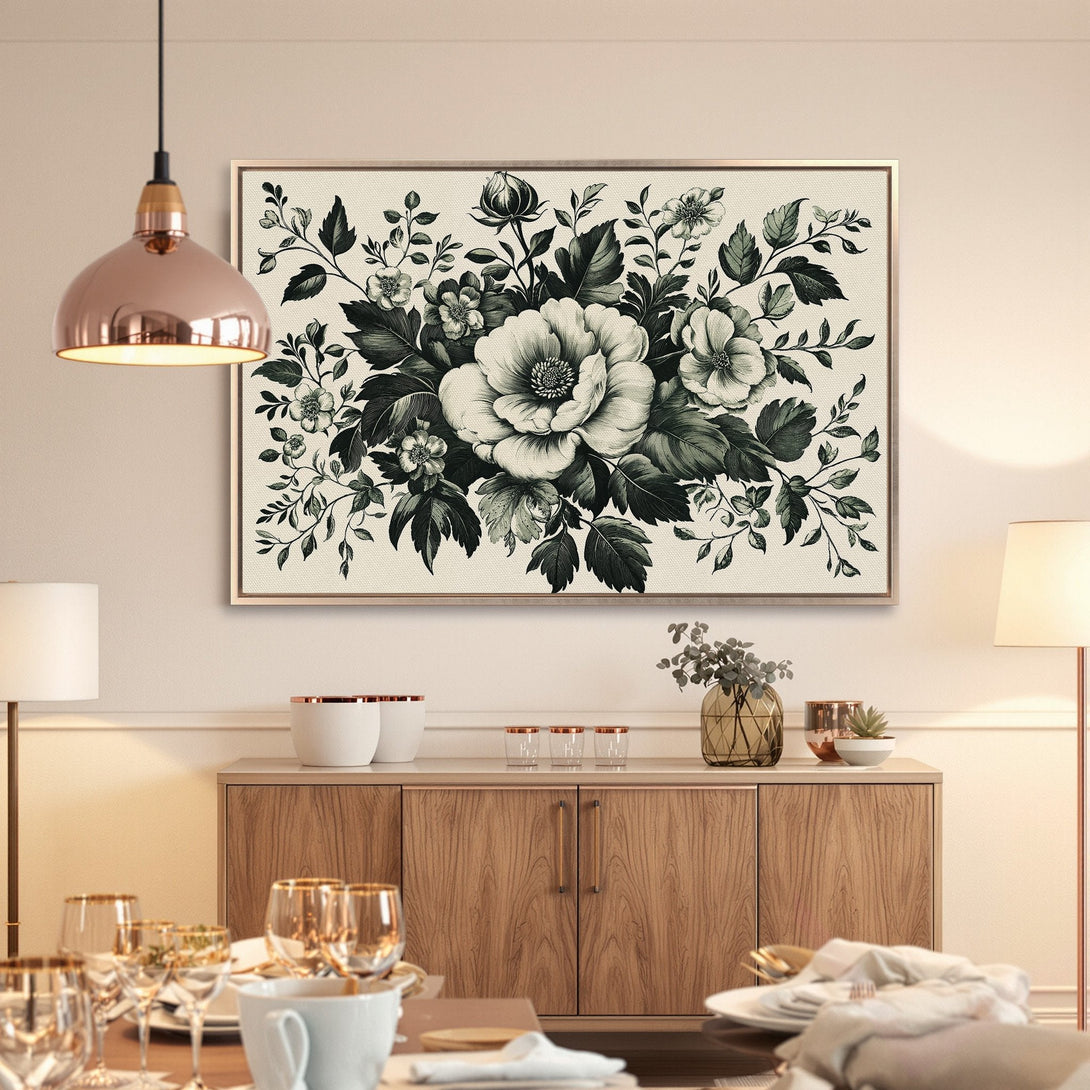Framed Wall Art featuring elegant floral design in grayscale and green hues. Perfect for adding a touch of sophistication to any space.
