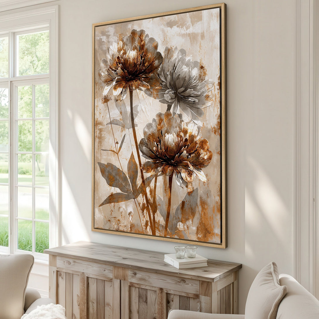 Framed Wall Art featuring abstract floral design in neutral tones. Enhance your space with this elegant, modern Canvas Print, perfect for any room.