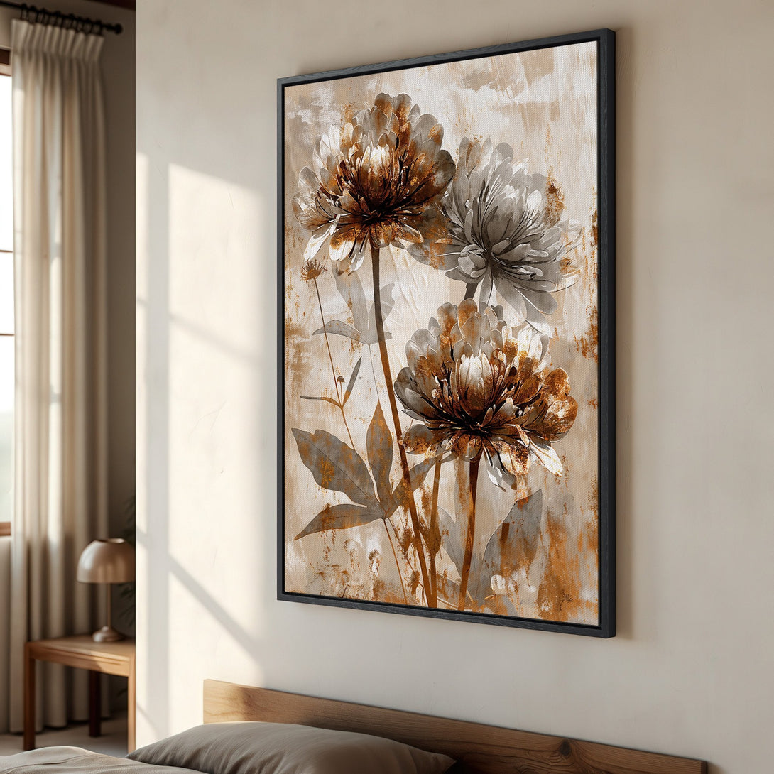 Framed Wall Art featuring abstract floral art in neutral tones. Earthy color palette with brown and beige. Perfect for modern home decor.