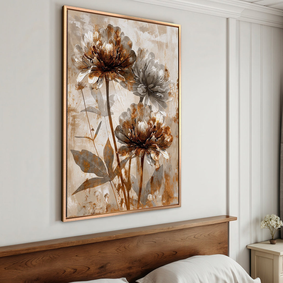 Framed Wall Art featuring abstract floral design in neutral tones. Modern canvas print for bedroom decor. Earthy color palette.