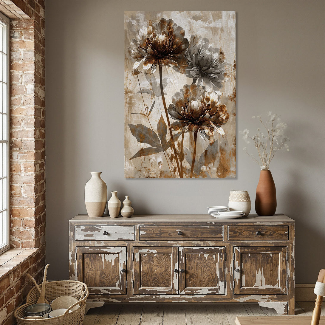 Framed Wall Art featuring abstract floral art in brown, beige, and gray tones. Adds a touch of elegance to any dining room. Shop now!