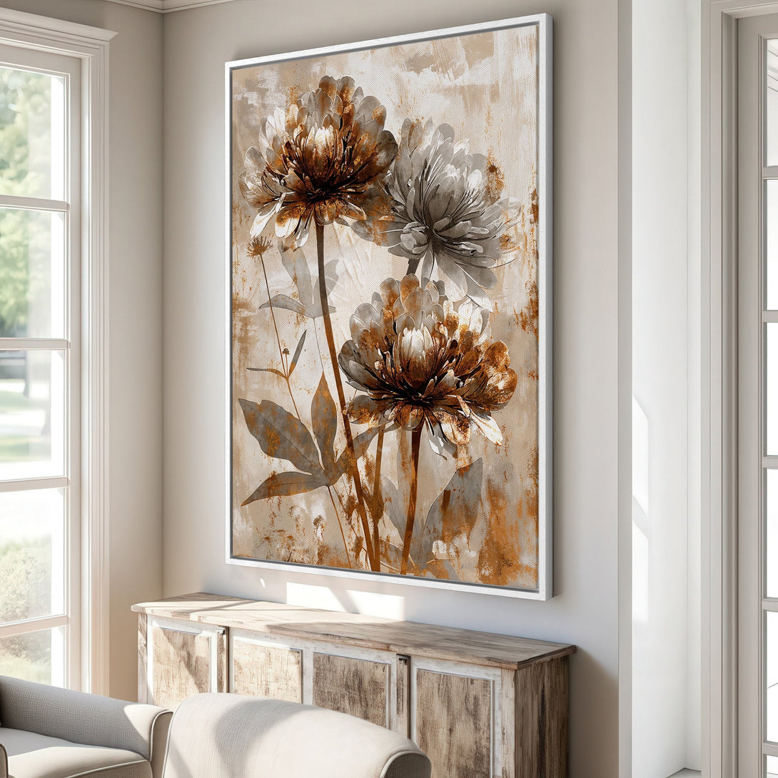 Framed Wall Art featuring abstract floral art in warm brown and beige tones, perfect for adding a touch of elegance to any interior space.