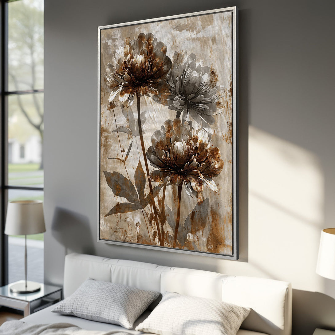 Framed Wall Art featuring abstract floral design in neutral tones of brown, beige, and gray. Perfect for adding a touch of elegance to any room.