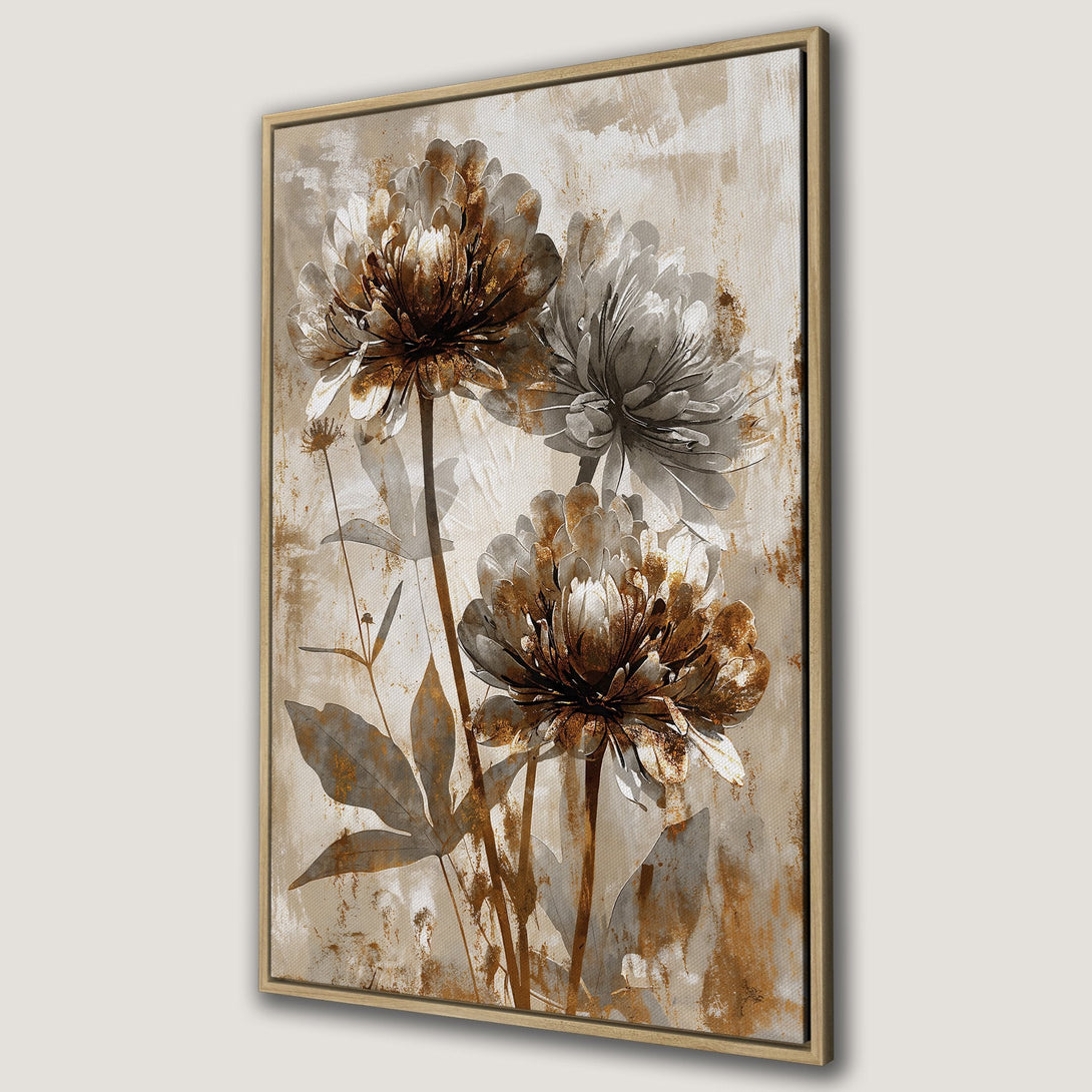Framed Wall Art featuring elegant floral design in neutral tones with gold accents. Perfect for adding a touch of sophistication to any space.