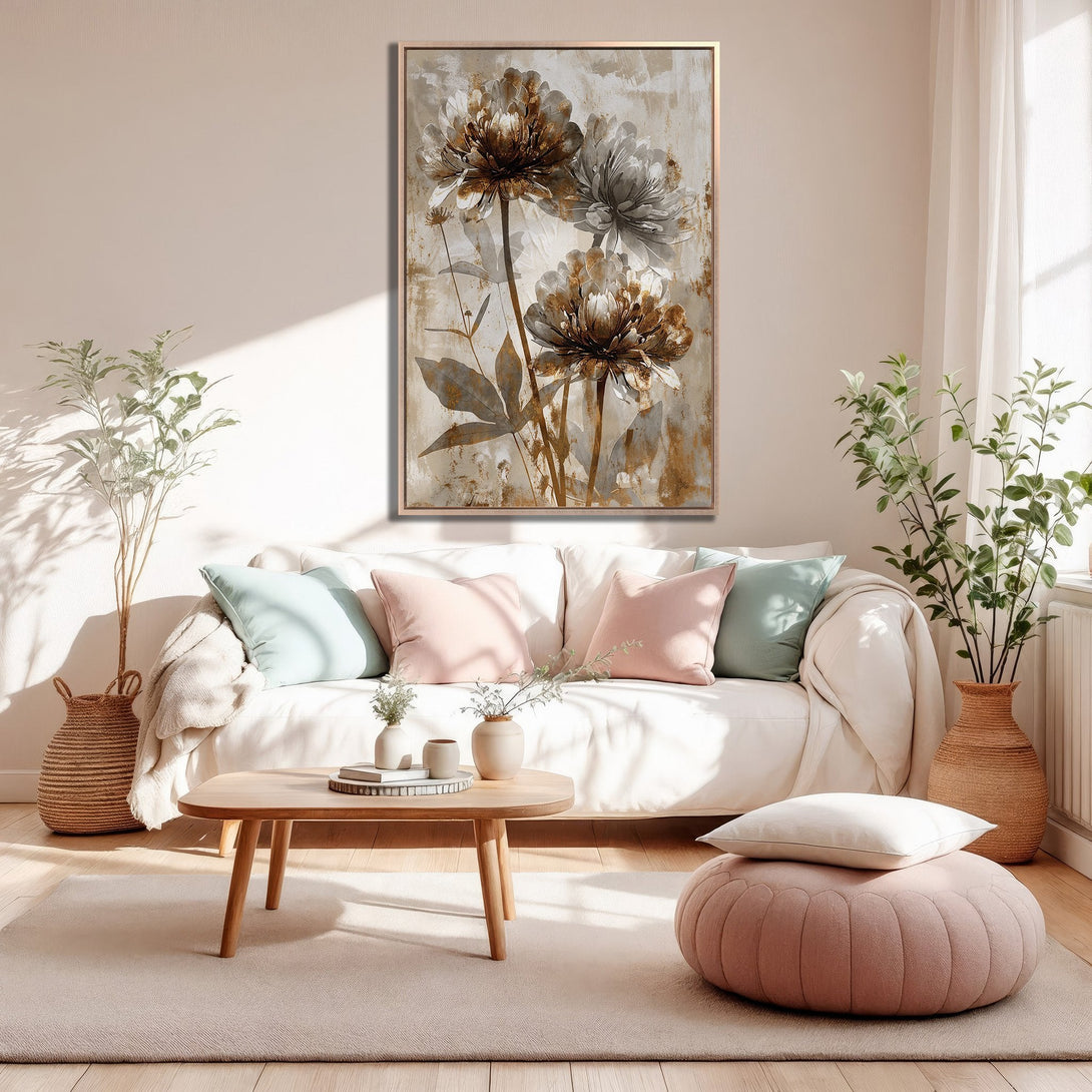 Framed Wall Art featuring a floral abstract design in neutral tones. Perfect for adding a touch of elegance to any living room. Shop now!
