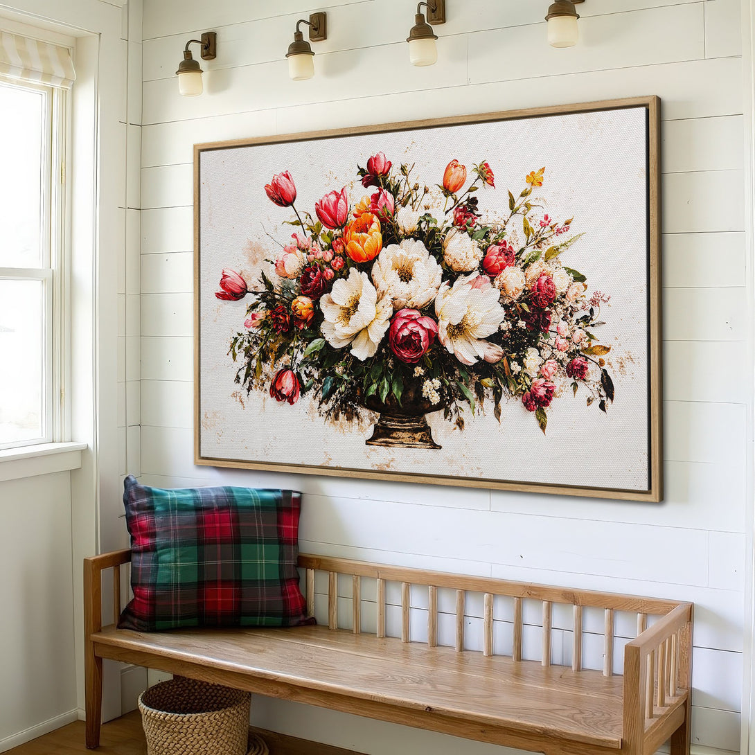 Framed Wall Art: Floral Canvas Print with a bouquet of flowers in a watercolor style. Features a warm color palette of reds, oranges, and whites.
