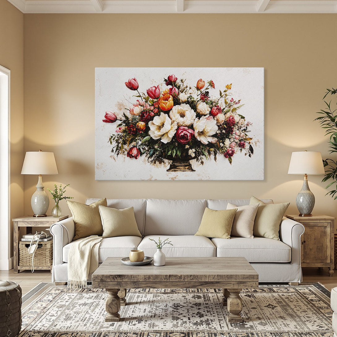 Framed Wall Art: Floral bouquet canvas print with vibrant red, orange, and white blooms. Perfect for adding elegance to your dining room!