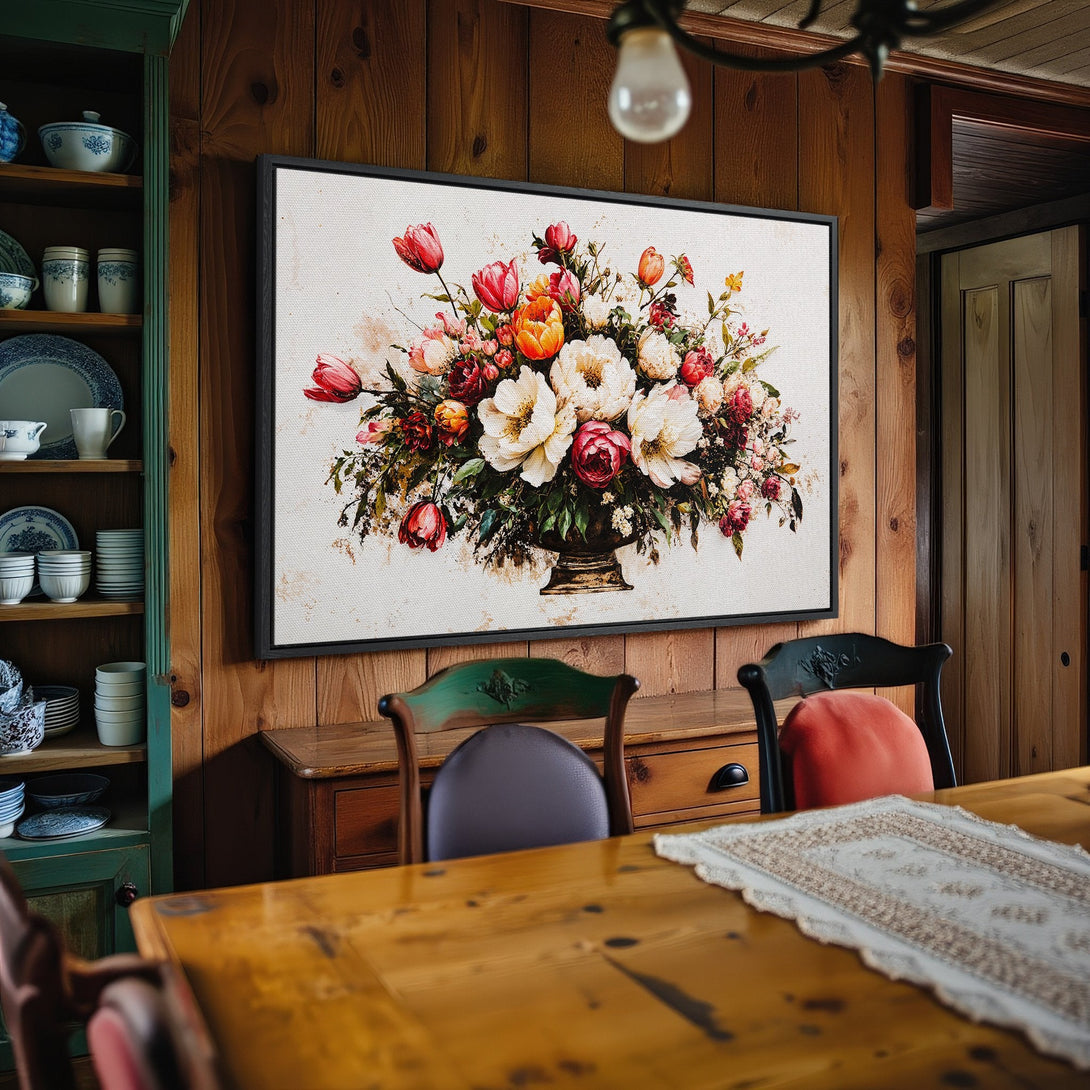 Framed Wall Art: Watercolor floral print with vibrant red, orange, and white blooms. Adds a touch of elegance to any room.