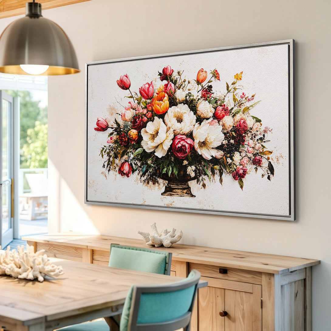 Framed Wall Art: Watercolor floral bouquet in a warm, inviting interior. Features a vibrant color palette of reds, oranges, and whites. Perfect for home decor.