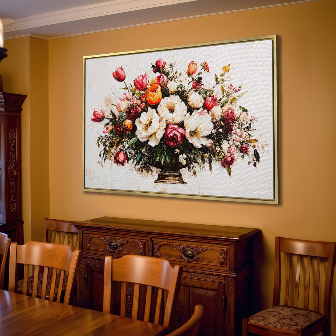 Canvas Print of a floral still life in a living room. Features a vintage style with warm, romantic colors. Perfect wall art!