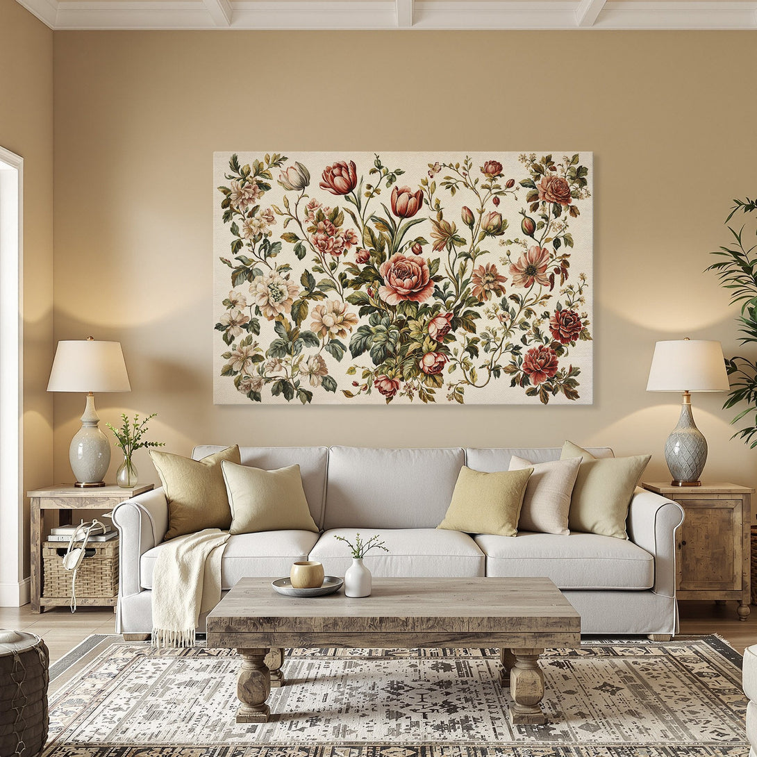 Framed Wall Art featuring a vintage floral design in a romantic style. Earthy tones of red, cream, and green create a classic, elegant aesthetic.