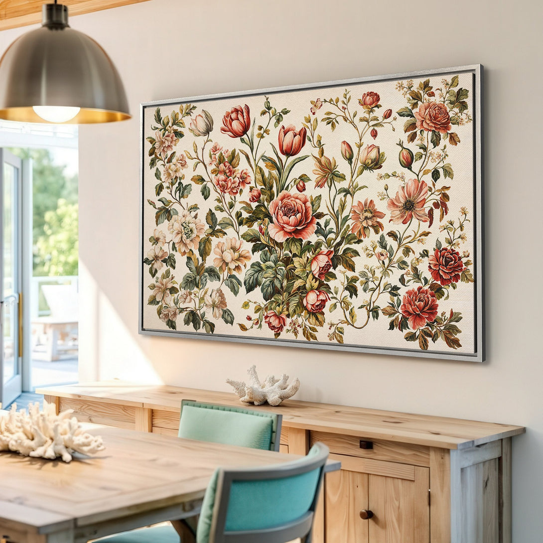 Framed Wall Art: Vintage floral Canvas Print in red, pink, and green tones. Perfect for adding a touch of elegance to any room.