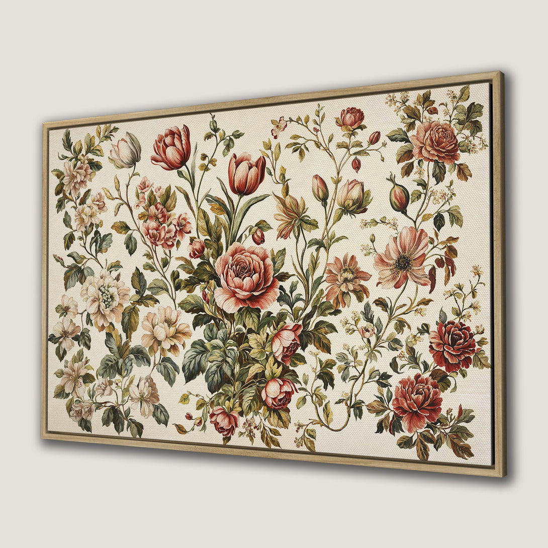 Framed Wall Art featuring a vintage floral design in a romantic style. Earthy tones of red, cream, and green create a classic, elegant aesthetic.